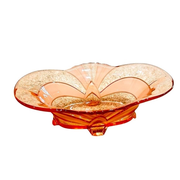 Vintage 1930’s art deco Pink/peach depression Glass oval Bowl footed frosted - Picture 2 of 10